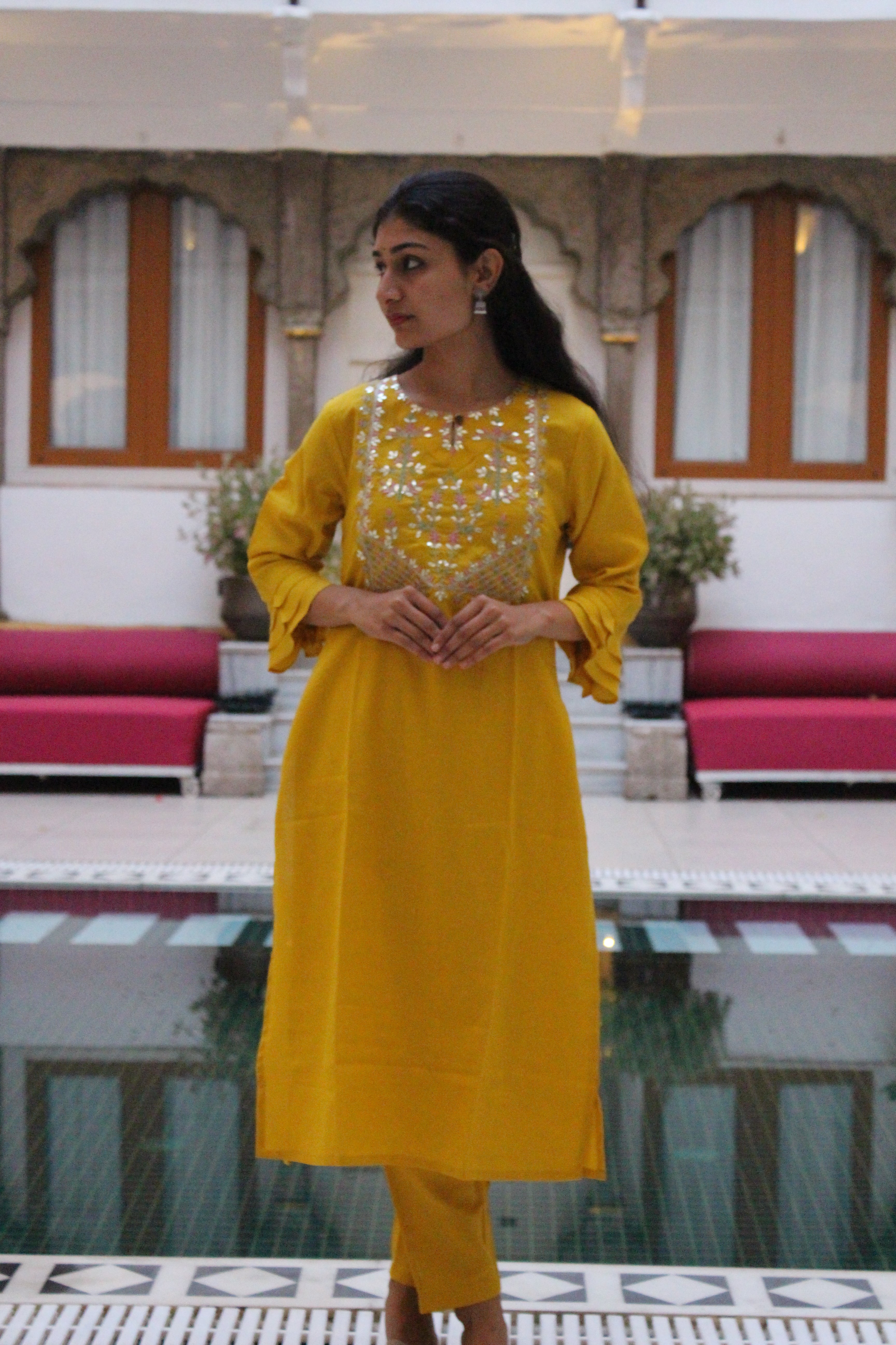 Women Cotton Yoke Design Embroidered Straight Round Collar, Three-Quarter Sleeves, Side Slit Kurta Set with Elasticated Trousers and Printed Bandej Dupatta Set