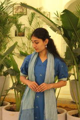 Teal Blue Embroidered Viscose Straight Kurta Set with Pants & Woven Kota Doria Dupatta