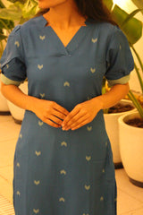 Teal Blue Embroidered Viscose Straight Kurta Set with Pants & Woven Kota Doria Dupatta