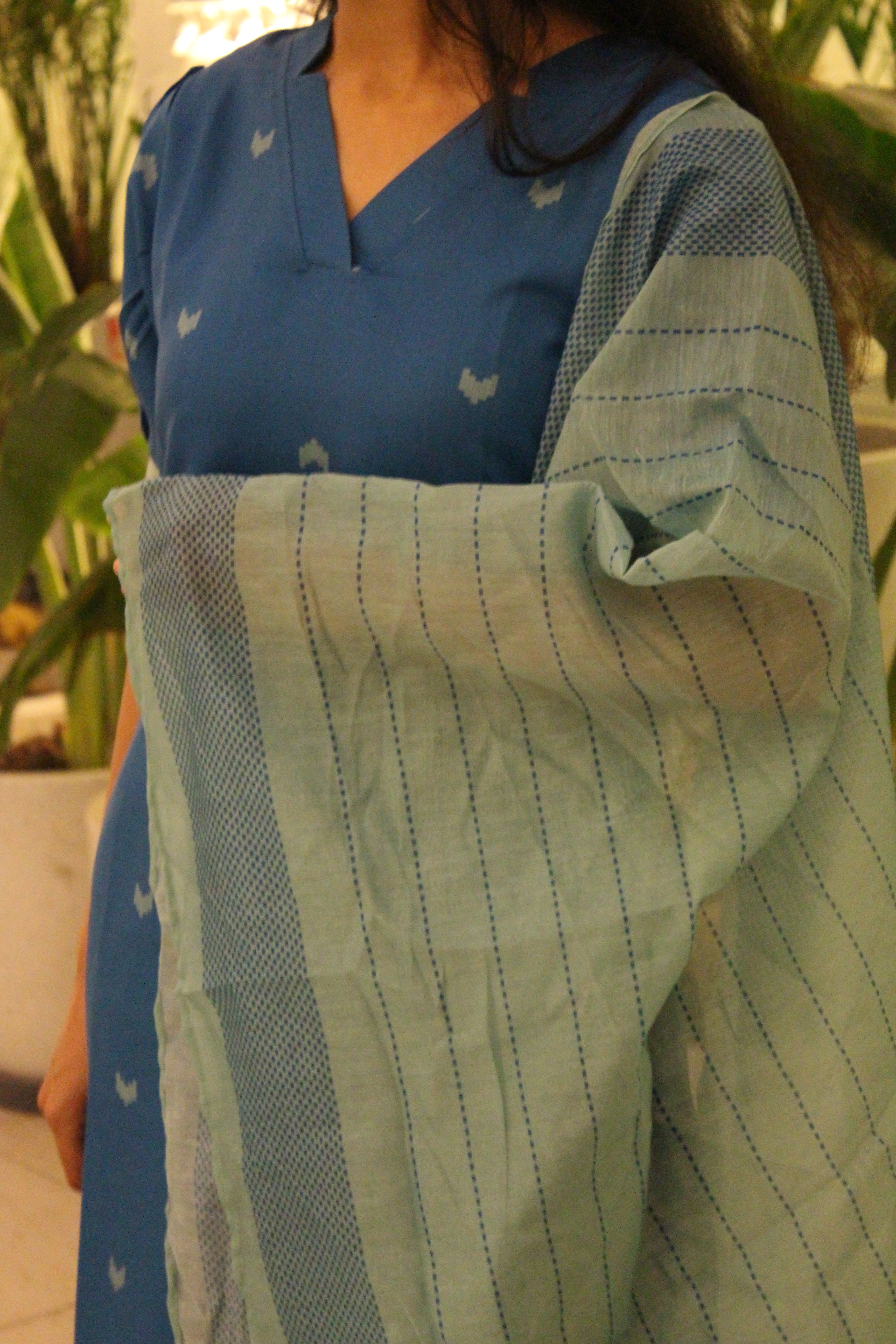 Teal Blue Embroidered Viscose Straight Kurta Set with Pants & Woven Kota Doria Dupatta