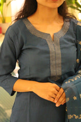 Teal Blue Embroidered Cotton Blend Straight Kurta Set with Pants & Banarasi Dupatta