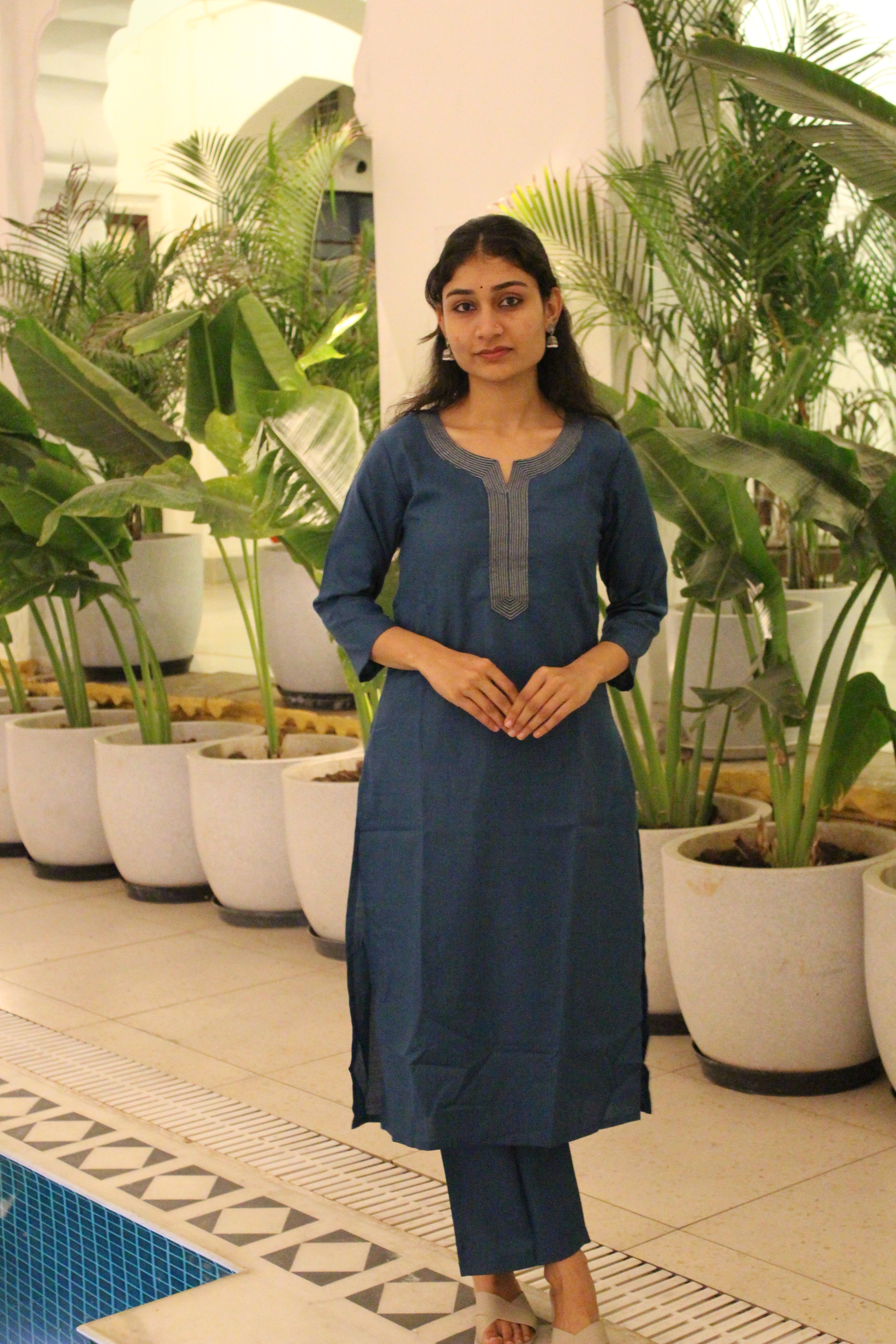 Teal Blue Embroidered Cotton Blend Straight Kurta Set with Pants & Banarasi Dupatta