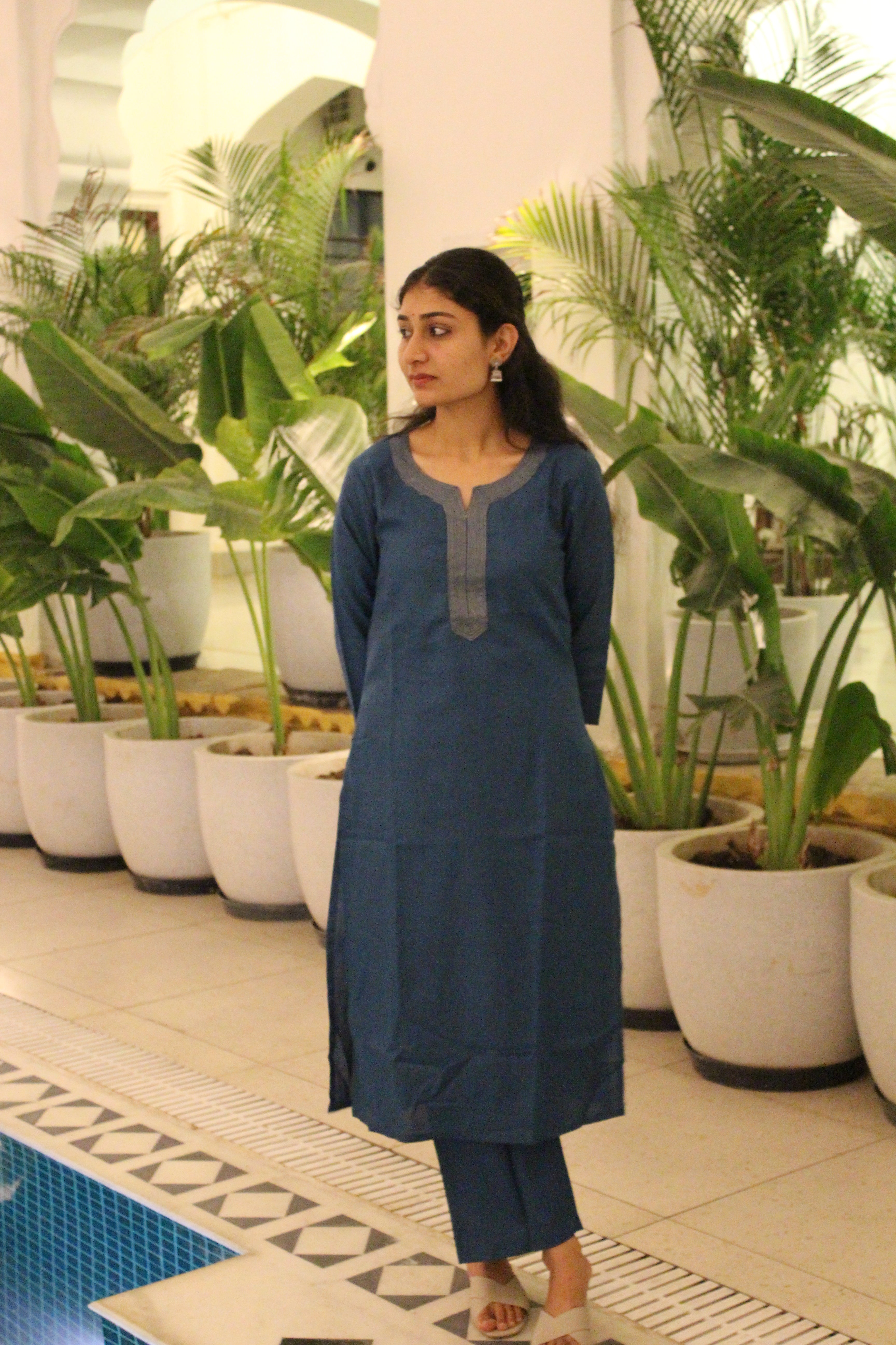 Teal Blue Embroidered Cotton Blend Straight Kurta Set with Pants & Banarasi Dupatta